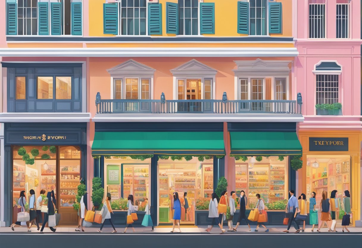 A bustling street in Singapore with a prominent Tory Burch storefront, surrounded by vibrant colors and bustling with shoppers