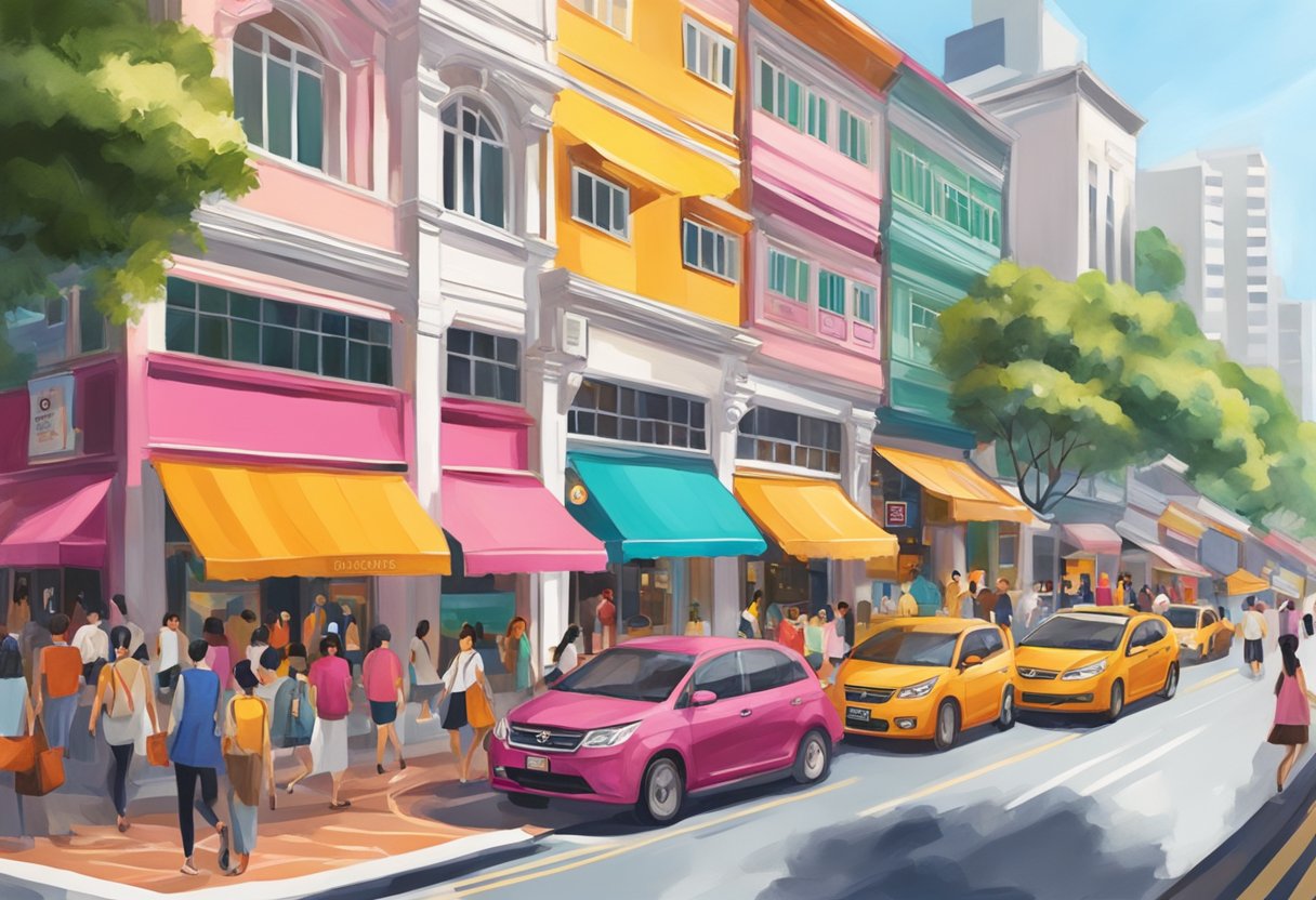 A bustling Singapore street with a prominent Tory Burch storefront, surrounded by vibrant colors and bustling activity