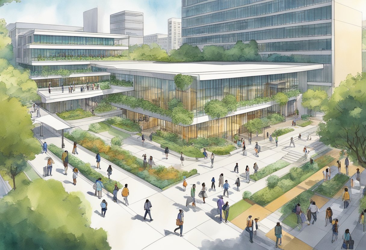 A bustling campus with modern architecture and lush greenery, students walking between buildings, and the iconic campus centerpiece, the Li Ka Shing Library