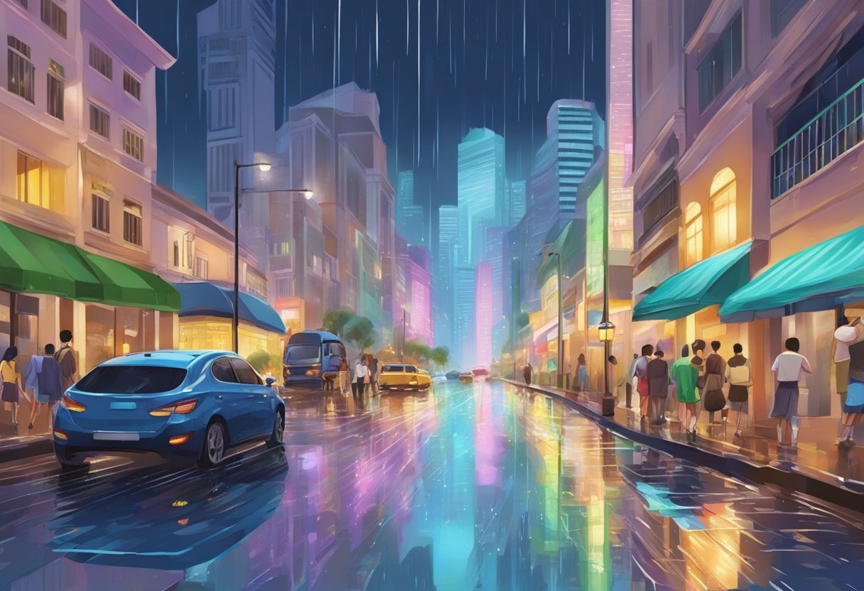 Rain falls on the bustling streets of Singapore, creating shimmering puddles and reflecting the colorful lights of the city