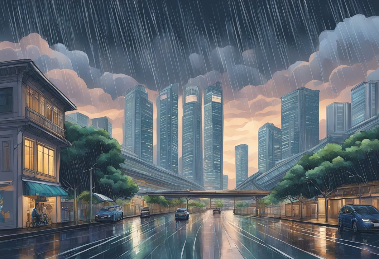 Rain cascades down from dark clouds, creating intricate patterns on the wet streets of Singapore