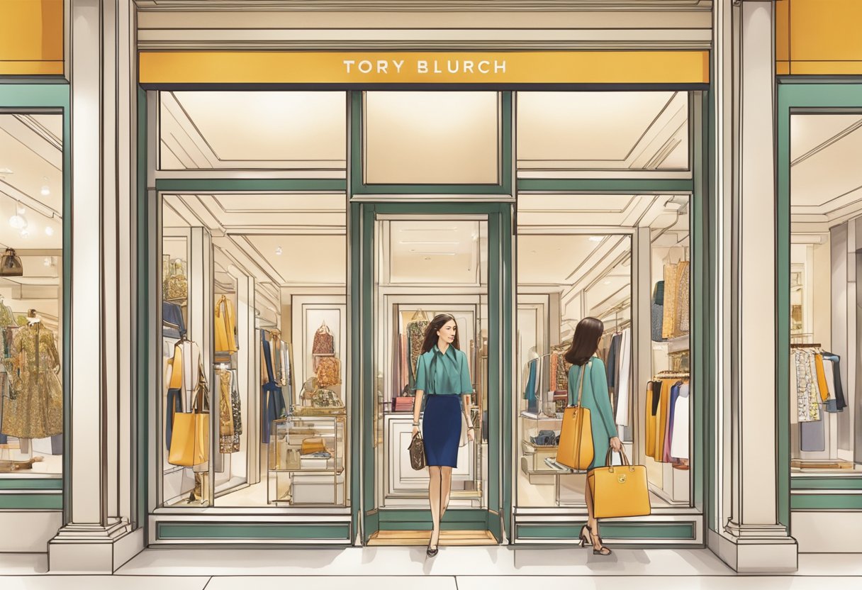 A woman opens a Tory Burch store in Singapore, browsing the latest collection with excitement