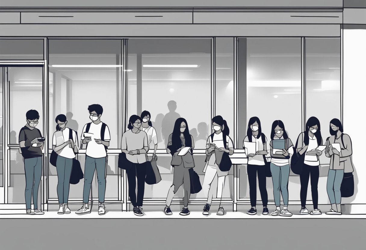 A line of students waits outside the admissions office at SMU Singapore, clutching their application forms and nervously checking the time on their phones