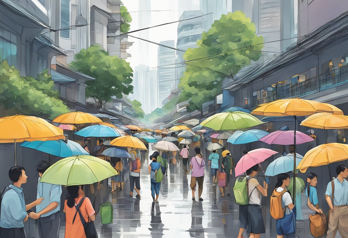 Rain falls on a bustling Singapore street, with people seeking shelter under umbrellas. A sign reads "Frequently Asked Questions" in the background