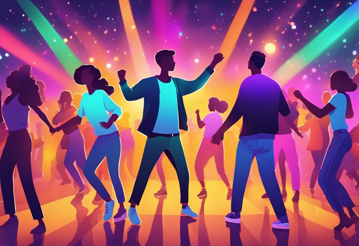 People dancing in a vibrant club with colorful lights and energetic music
