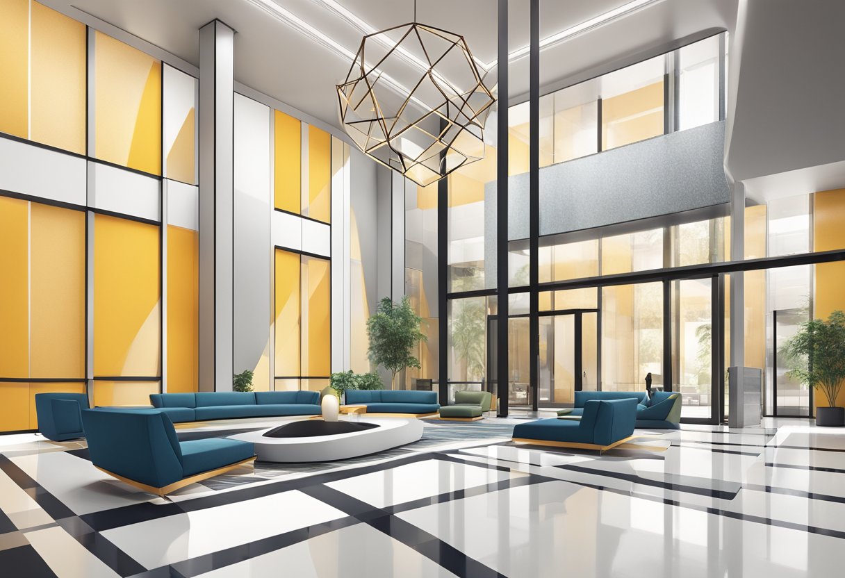 A modern, sleek lobby with high ceilings and minimalist decor, featuring a striking geometric art installation as the focal point