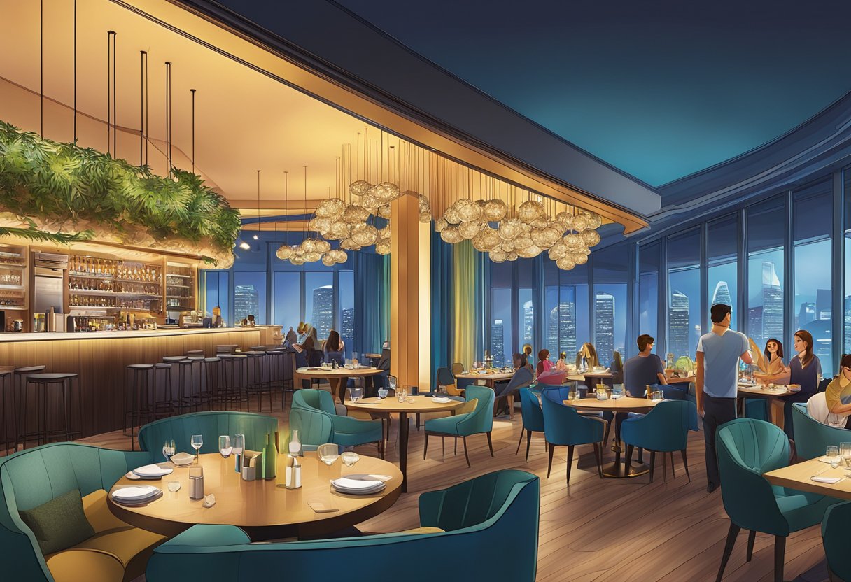 A vibrant dining and entertainment scene at Andaz Singapore, with bustling restaurants, lively bars, and a stylish atmosphere