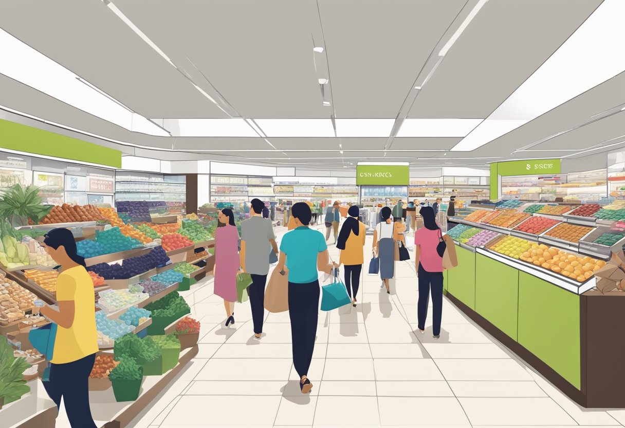 A bustling Marks and Spencer store in Singapore, with colorful displays and busy shoppers browsing through the aisles