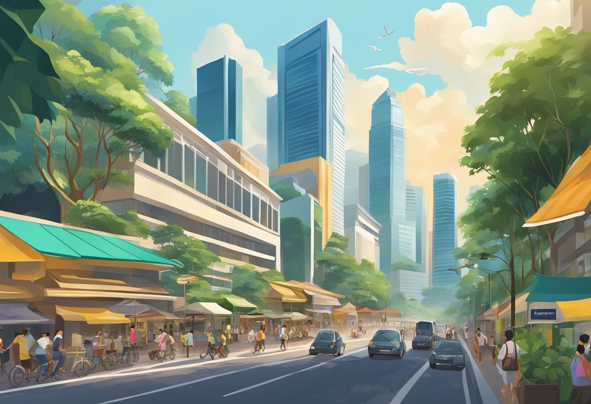 The bustling streets of Great Eastern Singapore, with towering skyscrapers and vibrant city life, surrounded by lush greenery and bustling with activity