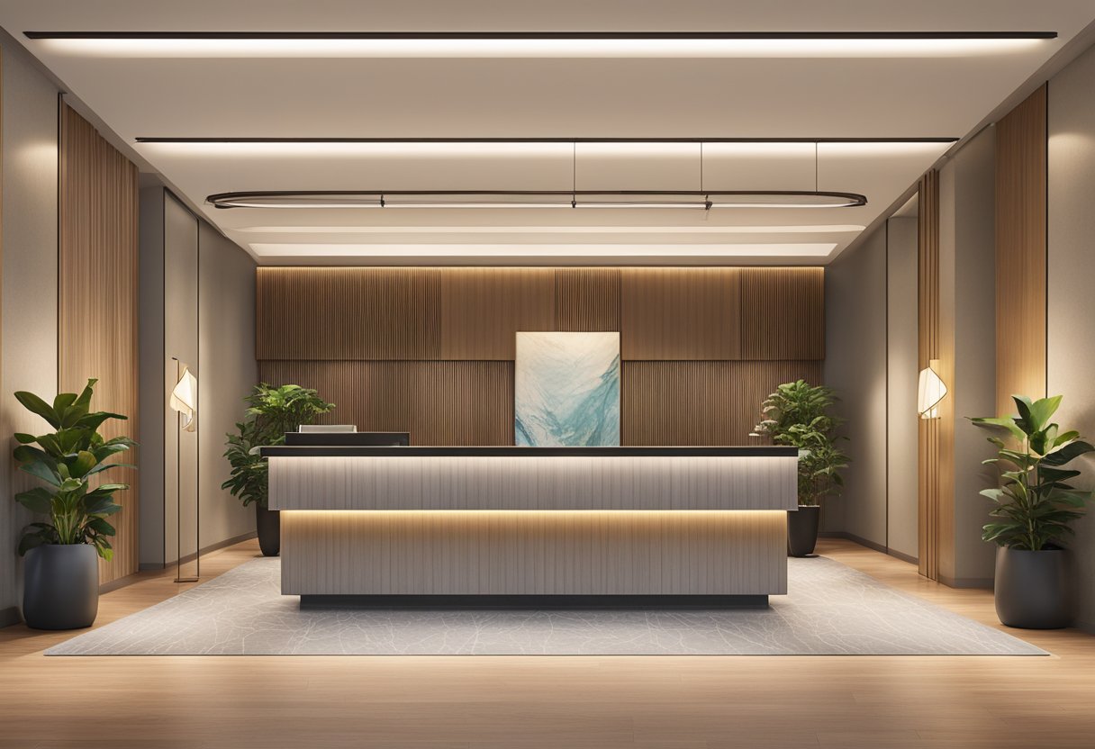 A modern lobby with a sleek reception desk, comfortable seating area, and a large display of Frequently Asked Questions at Andaz Singapore by Hyatt