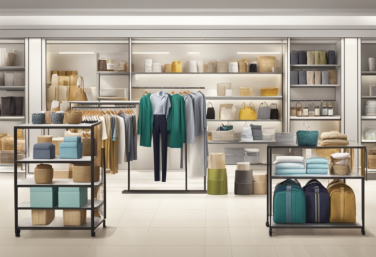 A display of various product offerings at Marks and Spencer Singapore, including clothing, home goods, and food items