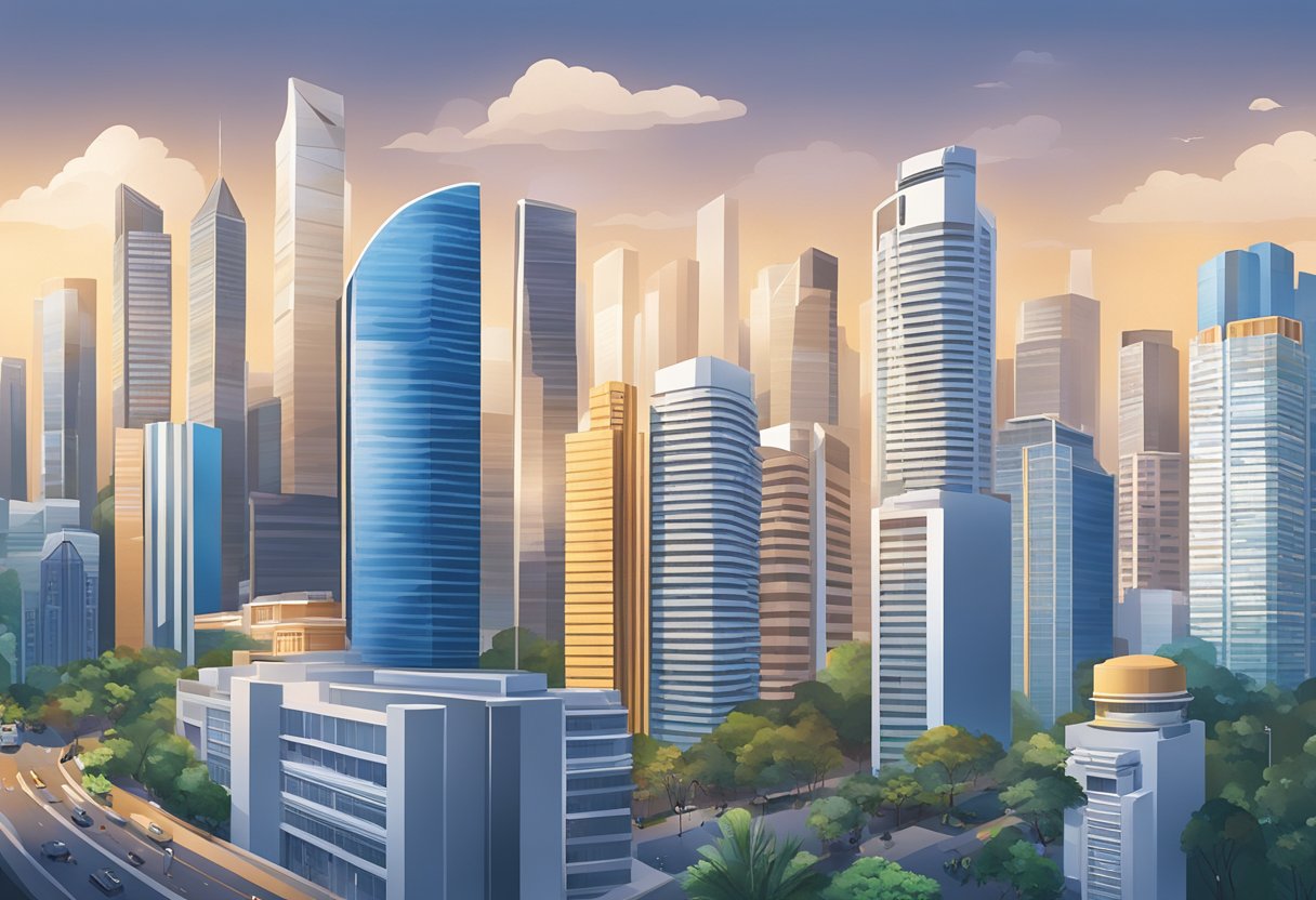 A bustling cityscape featuring the iconic UOB Singapore building amidst a backdrop of modern skyscrapers and bustling streets