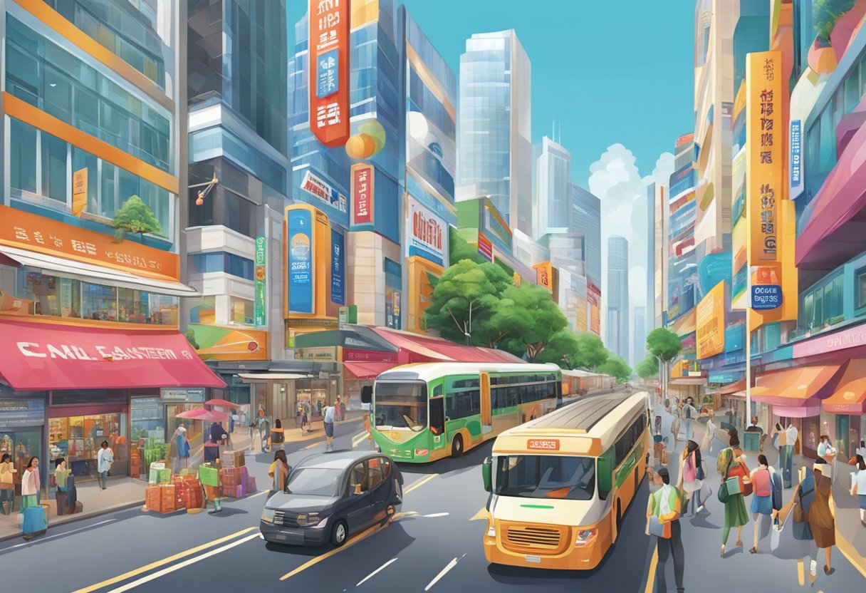 A bustling cityscape with skyscrapers and a vibrant street filled with shops and businesses, showcasing the diverse range of products and services offered by Great Eastern Singapore