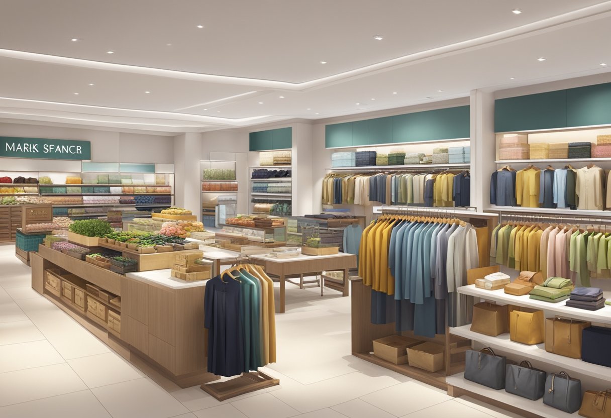 A bright and spacious Marks and Spencer store in Singapore, with neatly organized displays of clothing, home goods, and food items