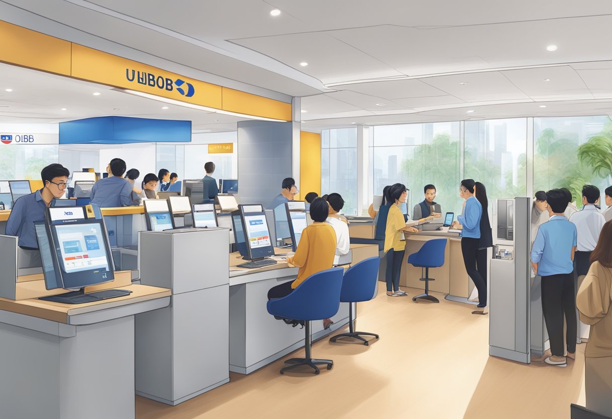 A bustling UOB Singapore branch with customers at teller counters and digital banking services being used
