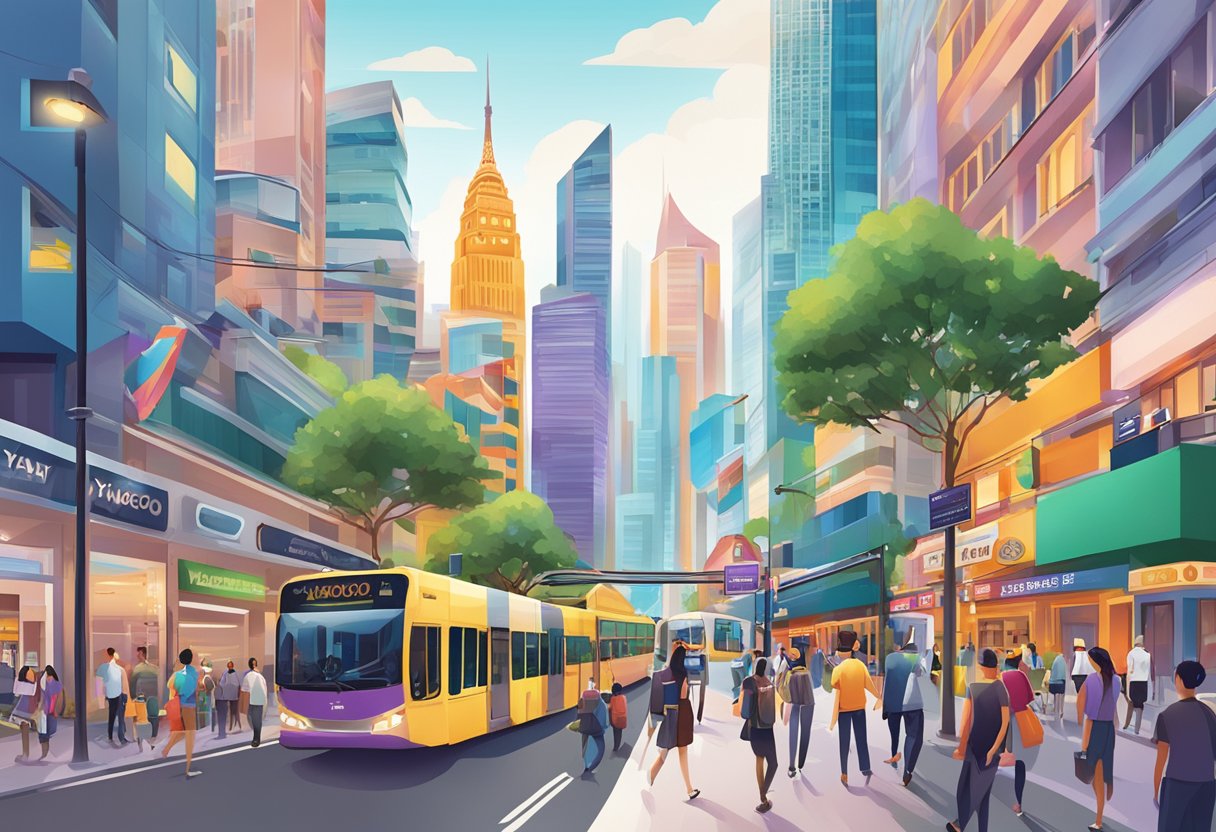 A bustling cityscape with iconic landmarks and vibrant street scenes, capturing the energy and diversity of Yahoo Singapore