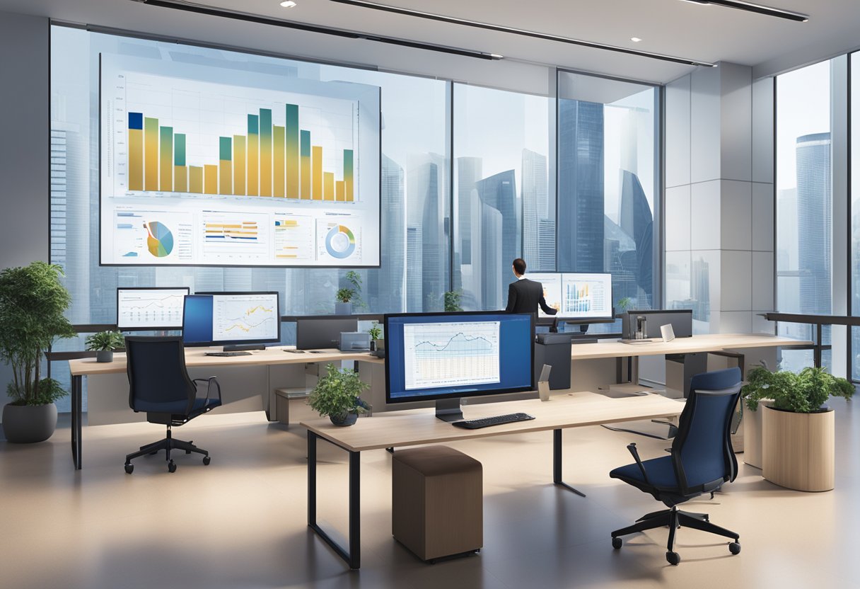 A modern office setting with financial charts and graphs displayed on screens, a sleek UOB Singapore logo prominently featured, and a professional atmosphere conveying trust and expertise in investment and wealth management
