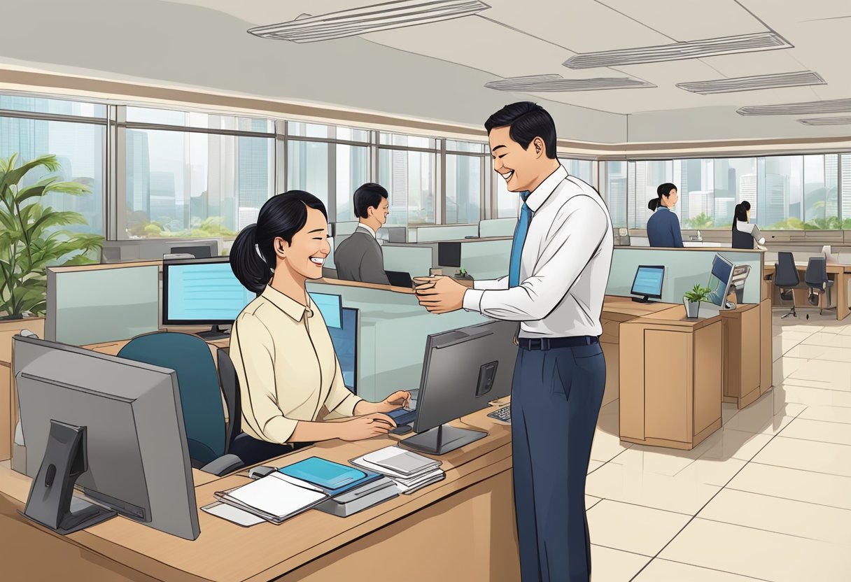 A smiling customer service representative assists a client with a warm greeting and helpful support at Great Eastern Singapore