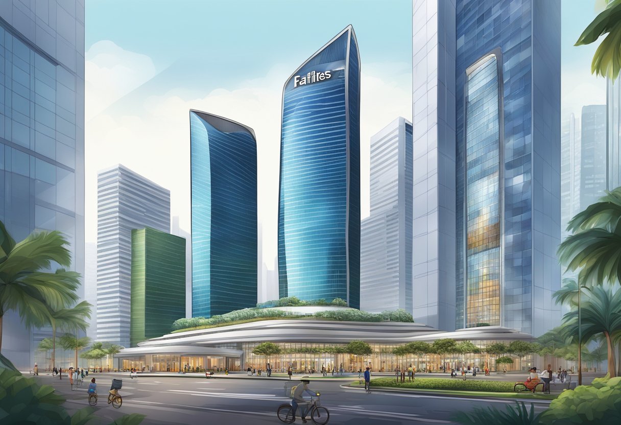 Raffles City Singapore: A modern, towering architectural marvel amidst a bustling cityscape, with sleek lines and glass facades reflecting the vibrant energy of the surrounding urban environment