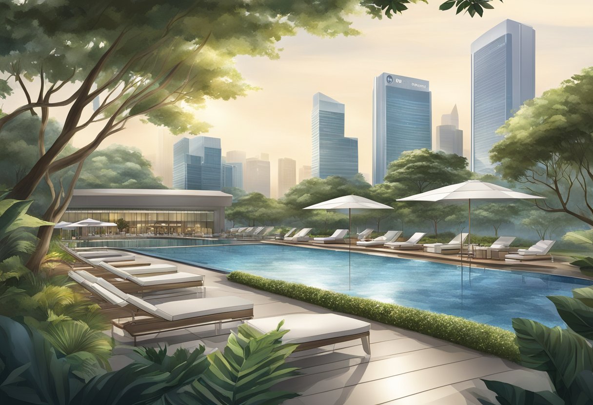 The Pan Pacific Singapore: A modern, sleek hotel towering over the city skyline, surrounded by lush greenery and a sparkling pool