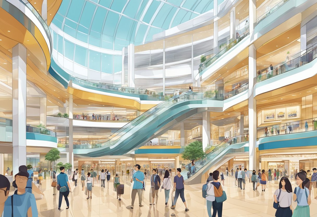 People exploring Raffles City Shopping Centre, with its modern architecture and bustling atmosphere