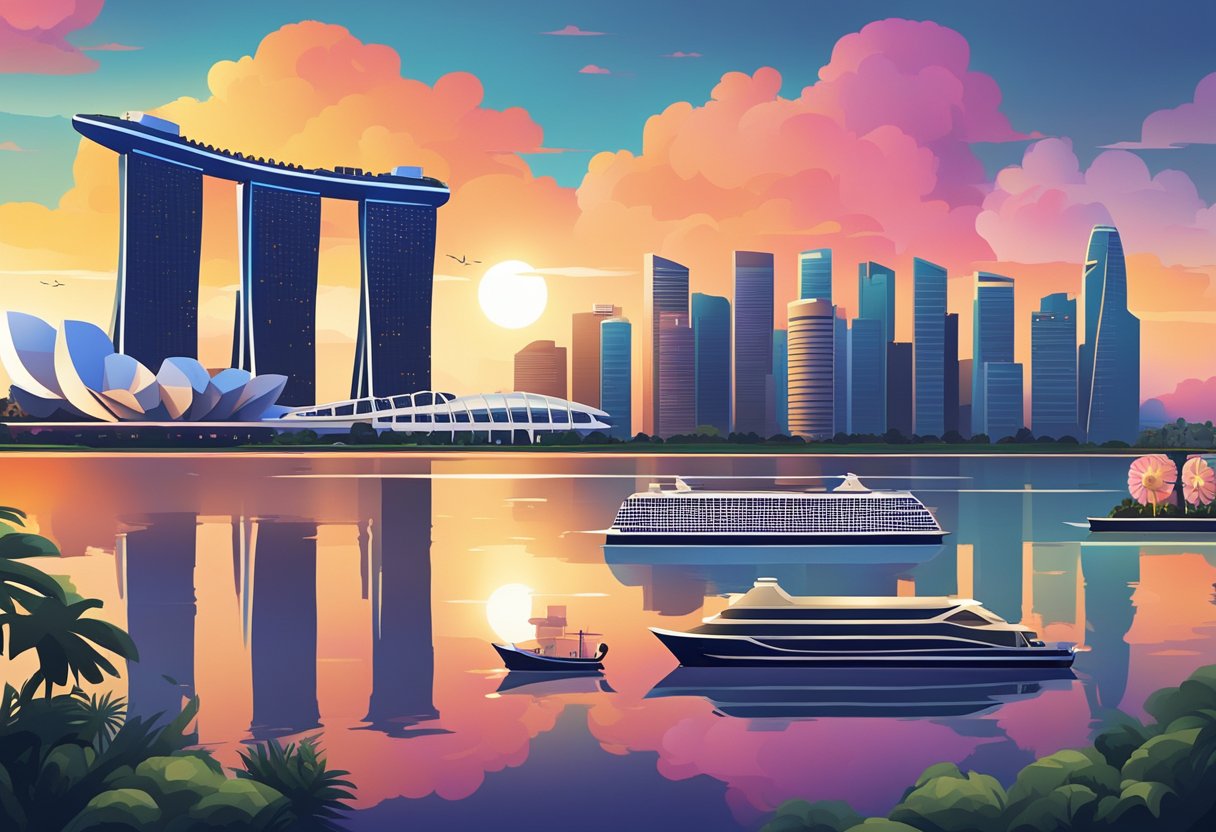 The iconic skyline of Singapore, with its modern skyscrapers and the iconic Marina Bay Sands hotel, is set against a backdrop of a vibrant sunset