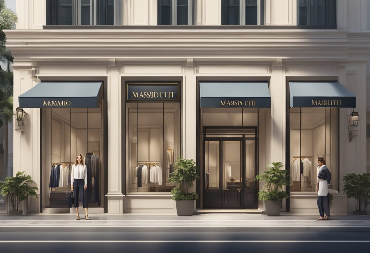A storefront with the Massimo Dutti logo in a prominent location in Singapore. Clear signage with store hours and contact information