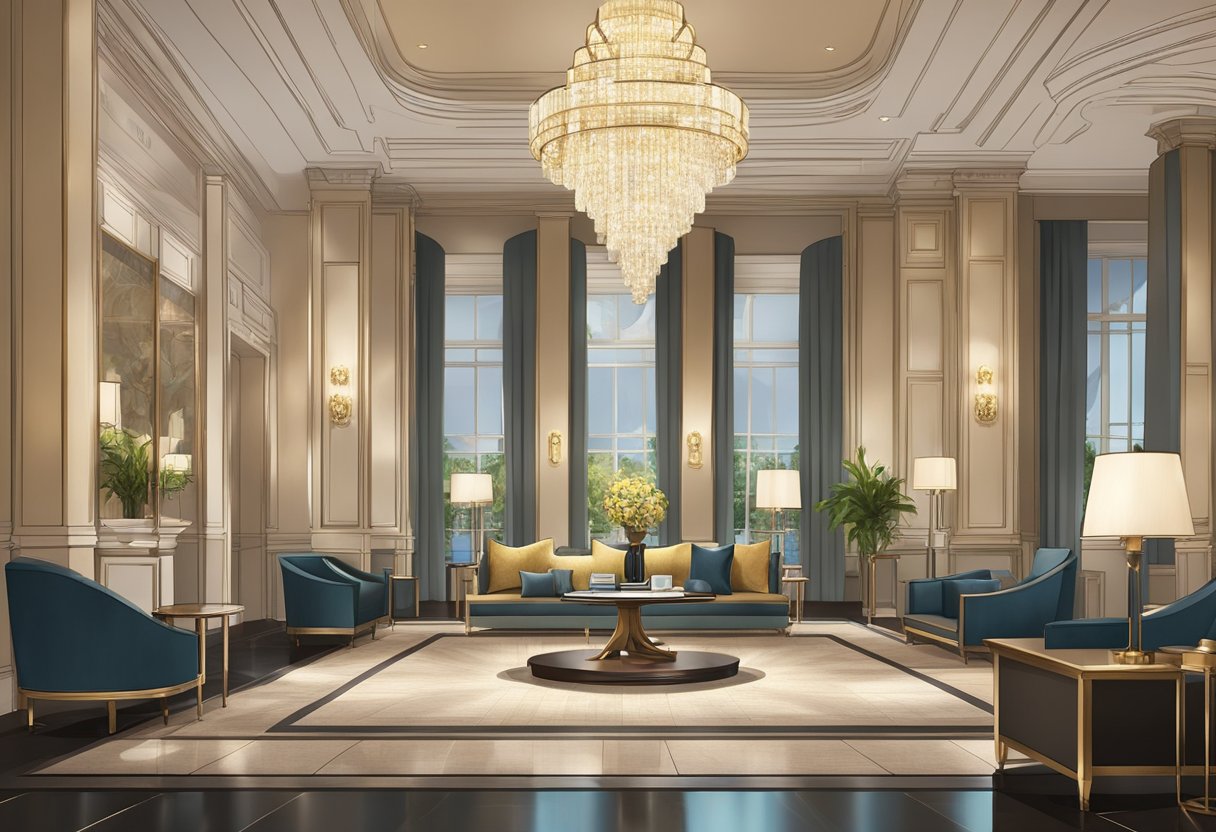 The luxurious hotel lobby features modern decor, plush seating, and a grand chandelier. A concierge desk and elegant furnishings complete the upscale ambiance