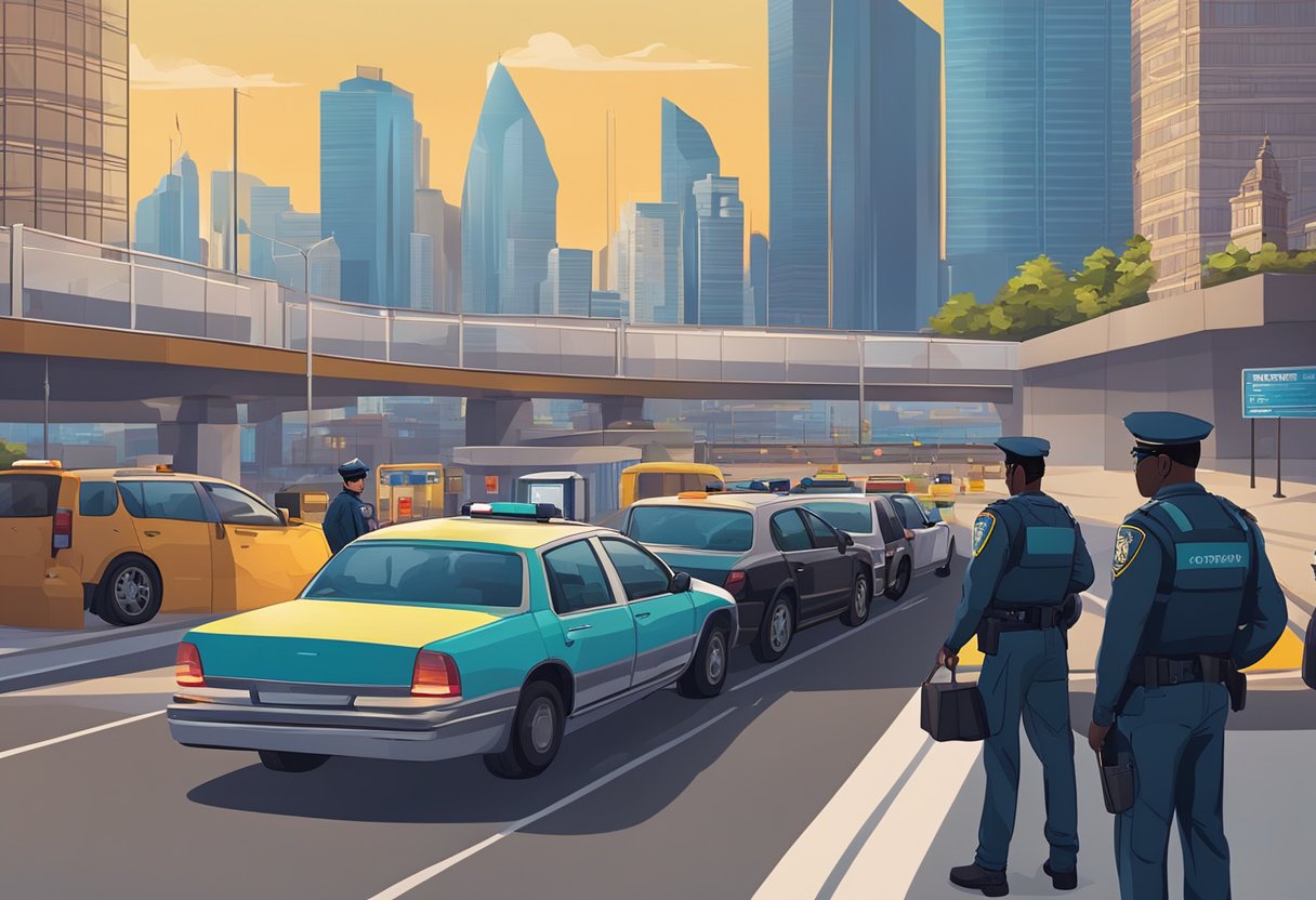 A line of vehicles waits at a checkpoint, with officers inspecting passports and searching for contraband. The backdrop is a modern city skyline