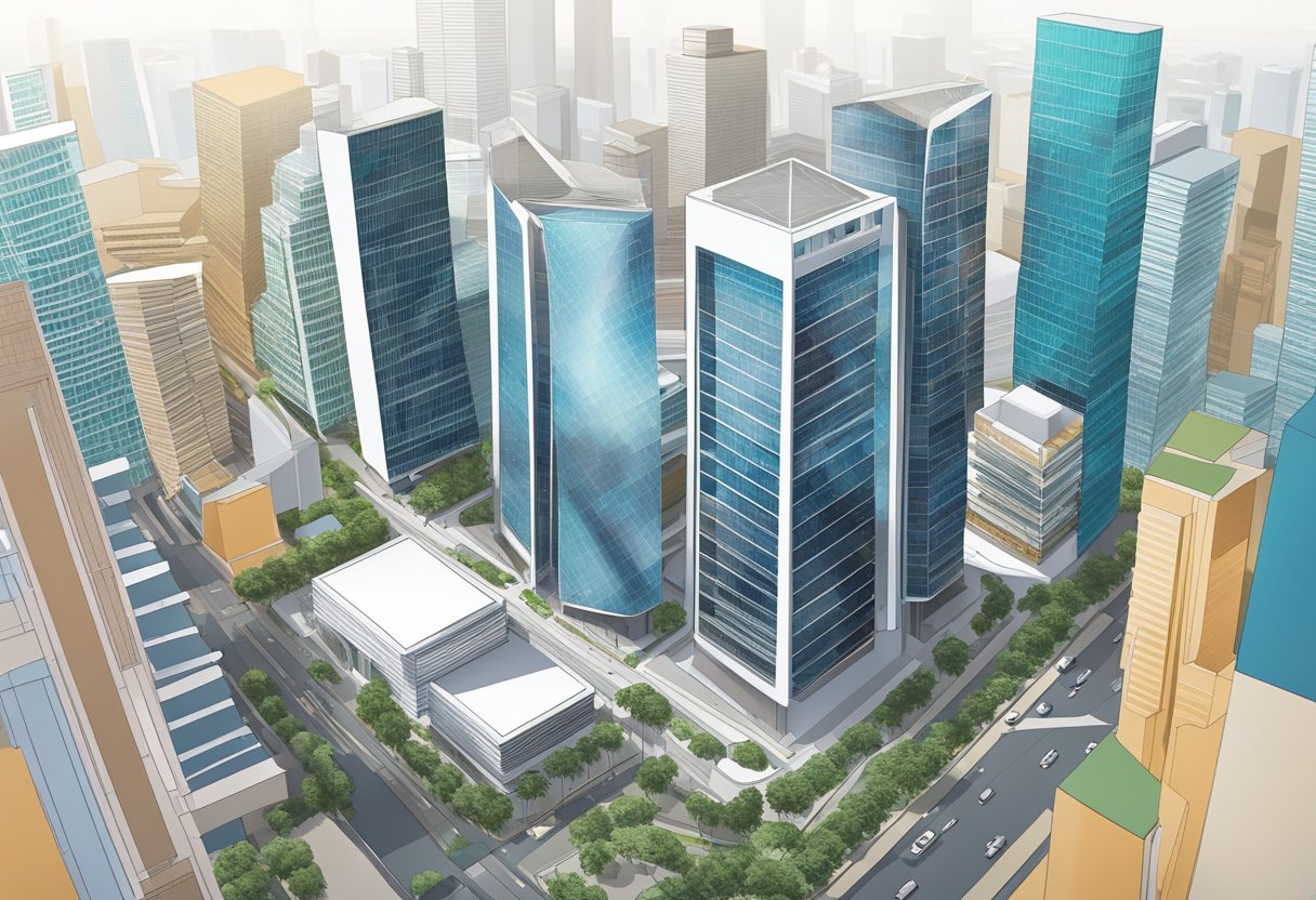 The iconic SGX Singapore stock exchange building stands tall amidst the bustling financial district, with its sleek modern architecture and reflective glass facade