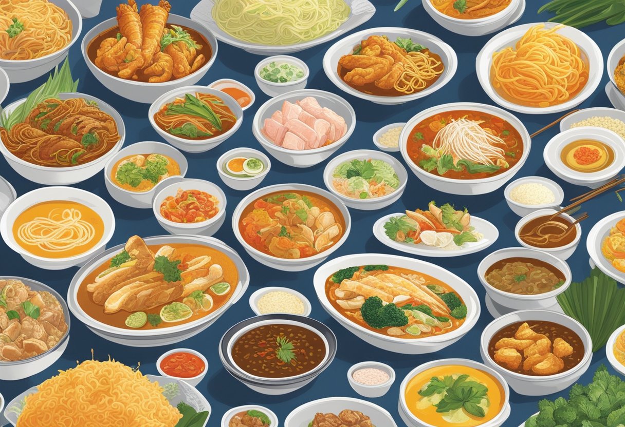 A colorful array of Singaporean dishes fills the buffet tables, from steaming bowls of laksa to fragrant plates of Hainanese chicken rice. The aroma of spices and sizzling meats wafts through the air