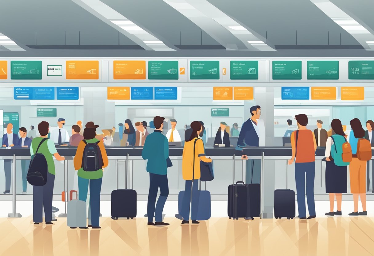 Passengers queue at immigration counters. Officers check passports and stamp entry. Baggage carousel rotates as travelers wait