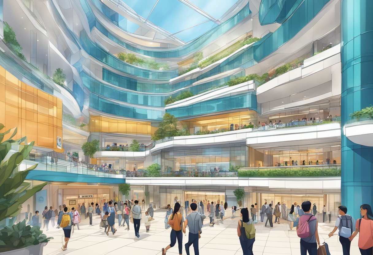 The bustling atmosphere of Raffles City Singapore, with people entering and exiting the building, surrounded by modern architecture and vibrant signage