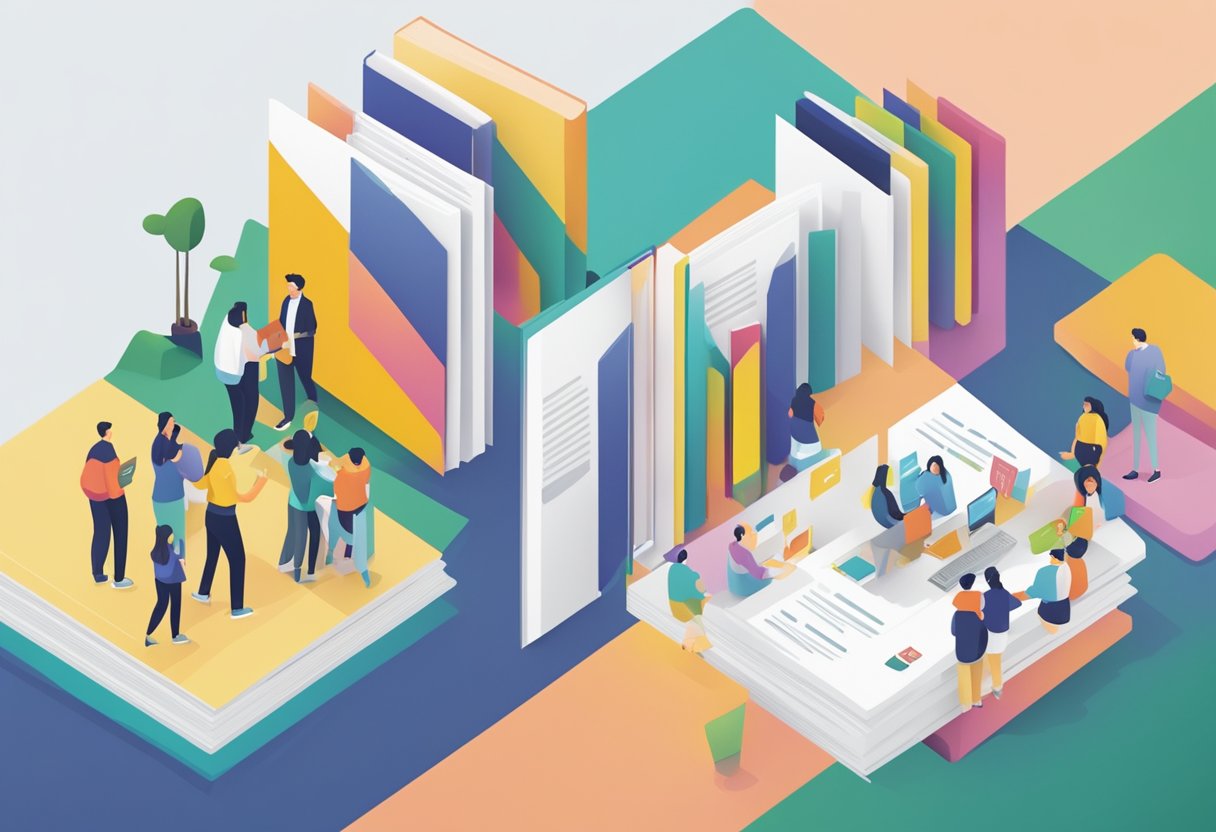 A stack of FAQ brochures with the ICA Singapore logo, surrounded by a diverse group of people seeking information