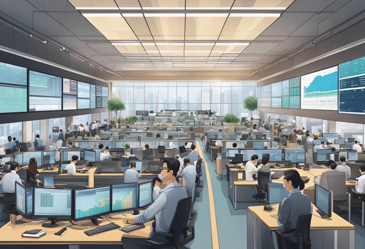 The bustling trading floor of SGX Singapore, with traders and technology intermingling in a dynamic and fast-paced environment