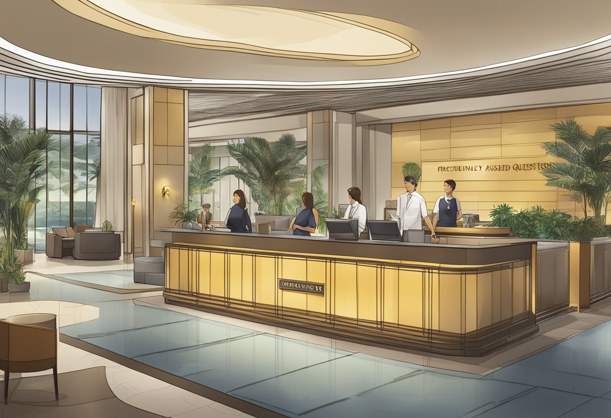 The bustling hotel lobby at Pan Pacific Singapore, with a prominent "Frequently Asked Questions" sign displayed near the concierge desk