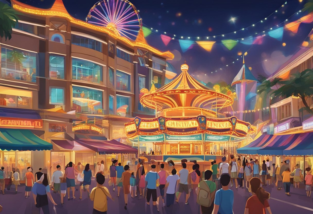 Colorful carnival rides and bright lights fill the bustling outdoor plaza of Carnival Cinemas Singapore. The air is filled with the sounds of laughter and excitement as people enjoy the lively atmosphere