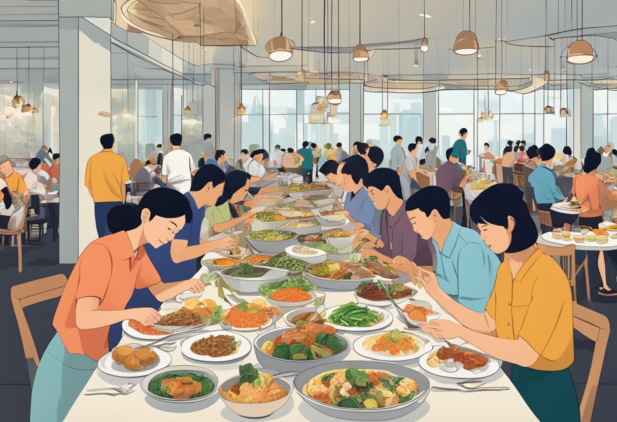 Diners sampling a variety of dishes at bustling Singapore buffets