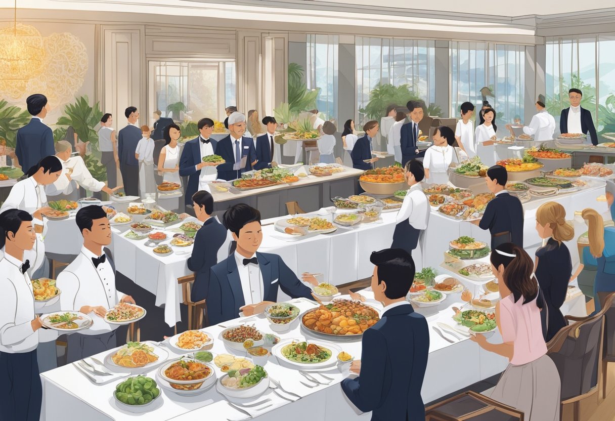 Guests enjoy a lavish buffet spread, with attentive staff providing top-notch service at a fine dining restaurant in Singapore