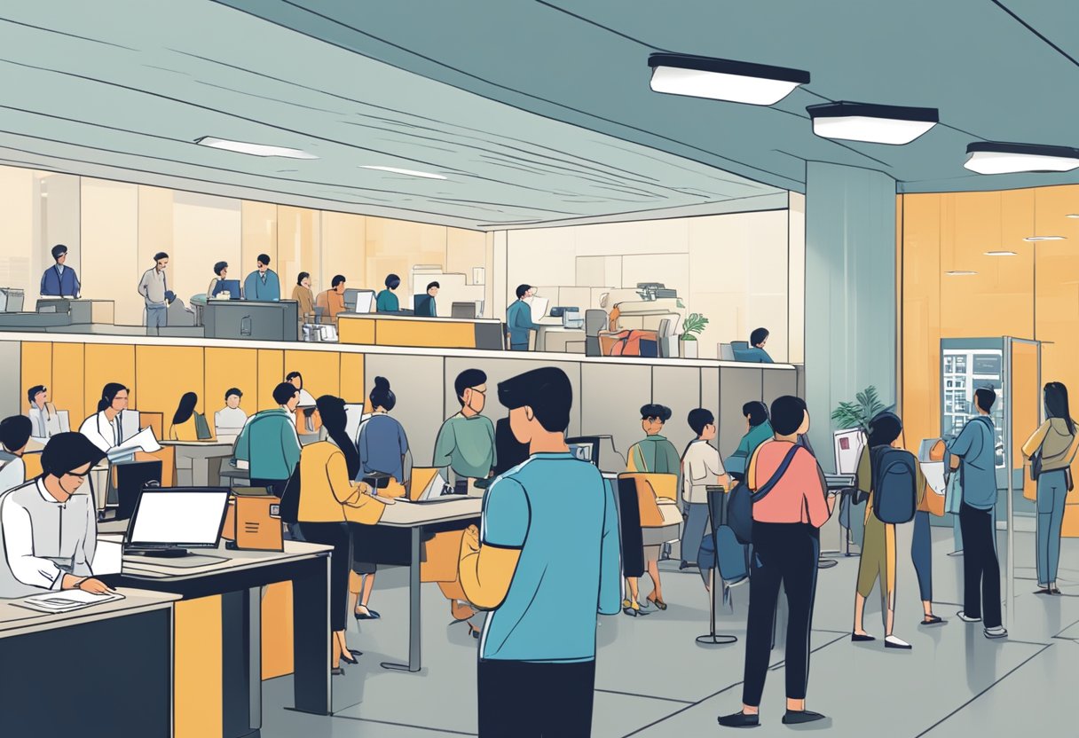 A bustling room with people seeking information at a help desk labeled "Frequently Asked Questions SGX Singapore." Signs and pamphlets offer guidance