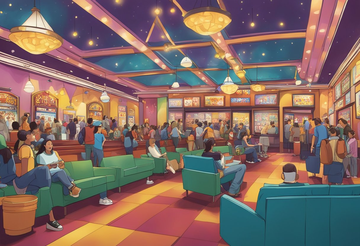Moviegoers fill the colorful lobby of Carnival Cinemas, lined with posters of upcoming films. The scent of popcorn and the sound of laughter create a lively atmosphere