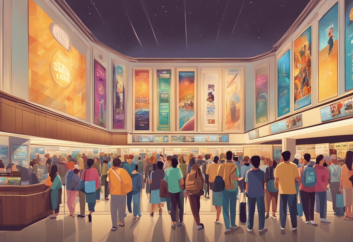 A bustling cinema lobby filled with diverse movie posters, people of different cultures lining up for tickets, and a vibrant atmosphere of anticipation and excitement