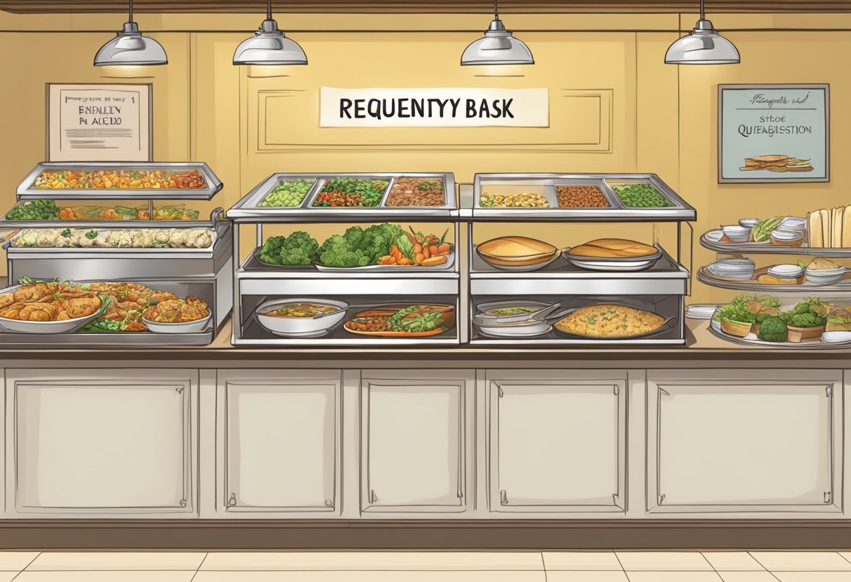 A buffet table with various food options labeled "Frequently Asked Questions" in a restaurant setting in Singapore