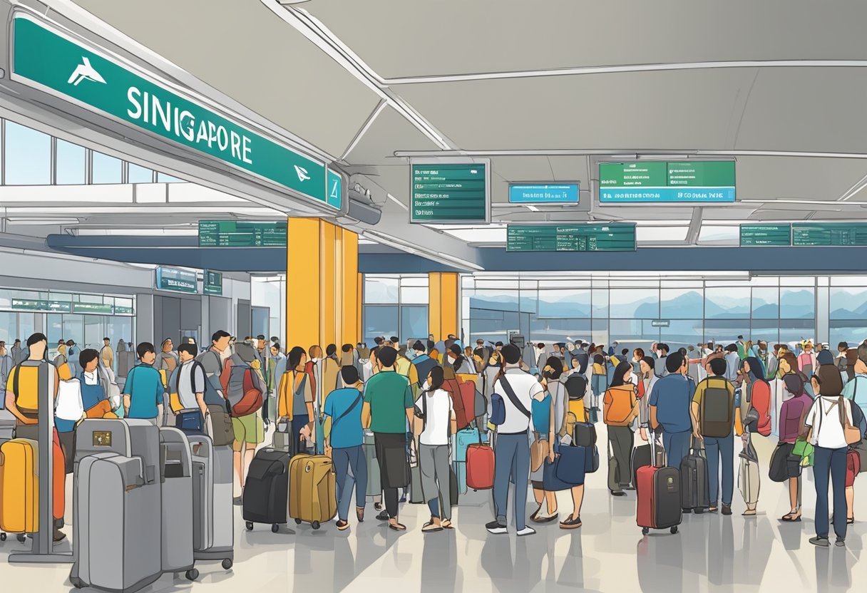 A bustling airport terminal with a clear sign for "Singapore VTL" and a line of travelers waiting to board a designated VTL flight