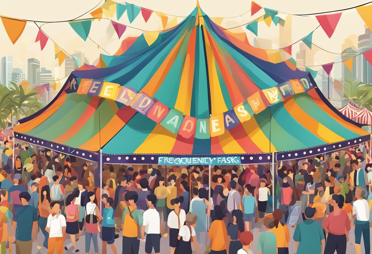 A colorful carnival tent with "Frequently Asked Questions" signage, surrounded by bustling crowds at a cinema in Singapore