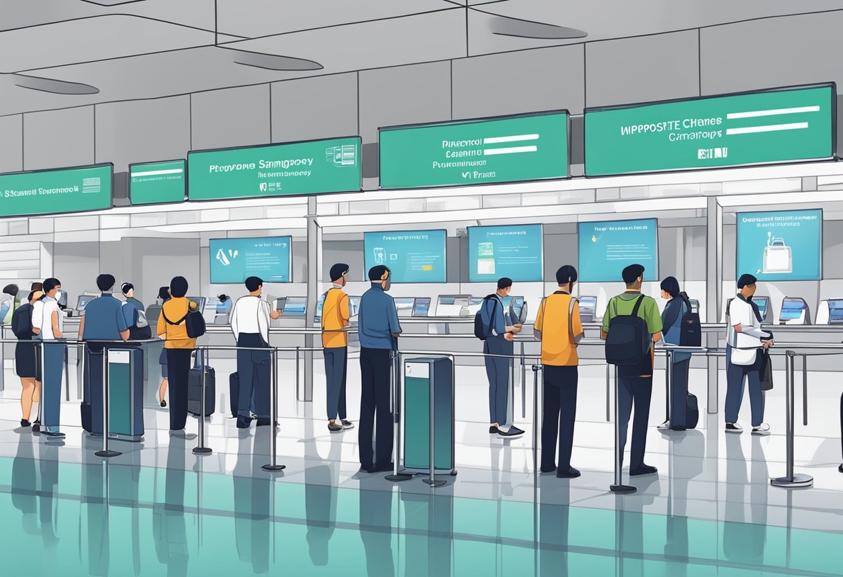 People lining up at airport with passports and vaccination certificates for VTL entry into Singapore. Security personnel checking documents