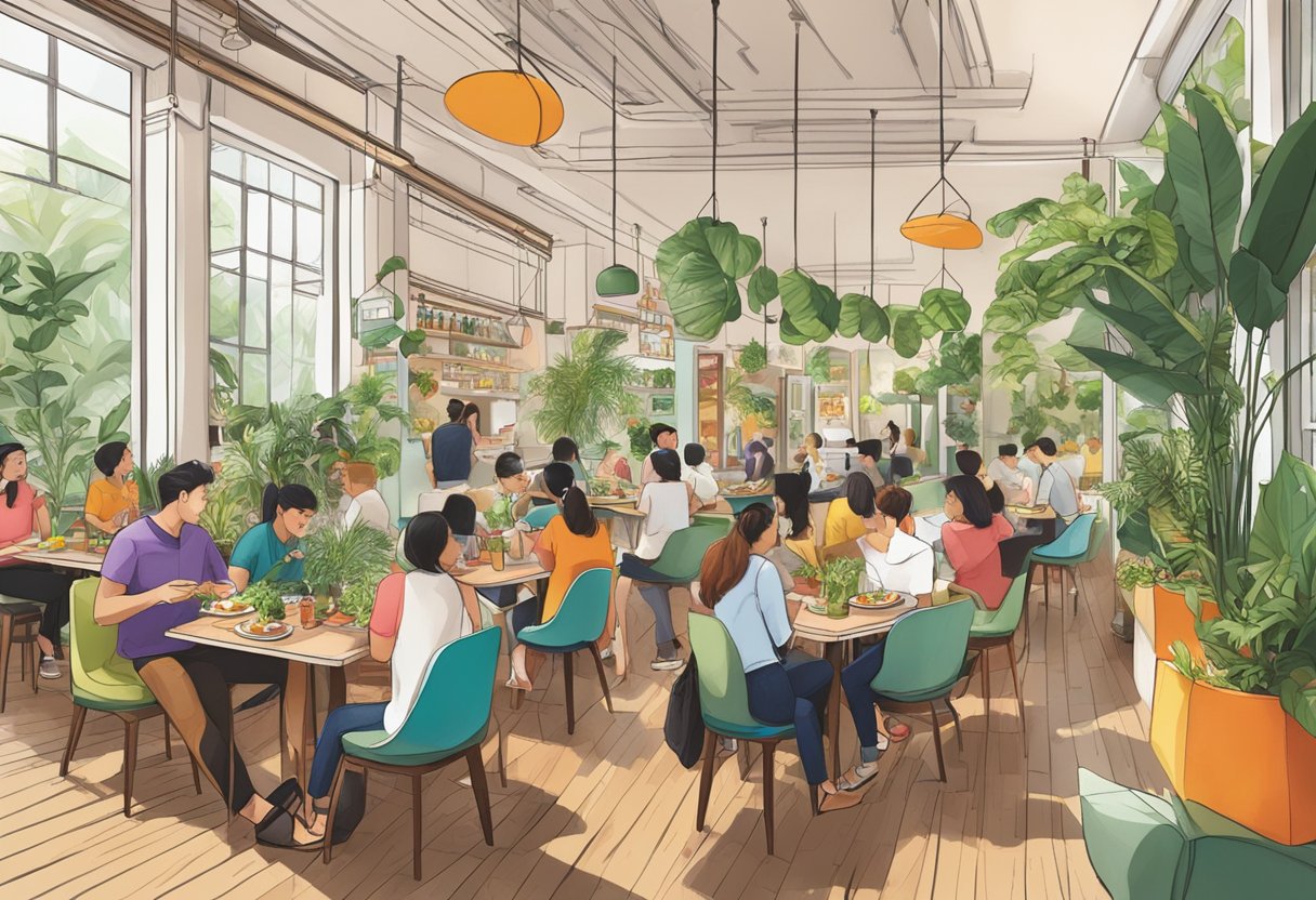 A bustling vegan restaurant in Singapore, filled with colorful plant-based dishes and a lively atmosphere