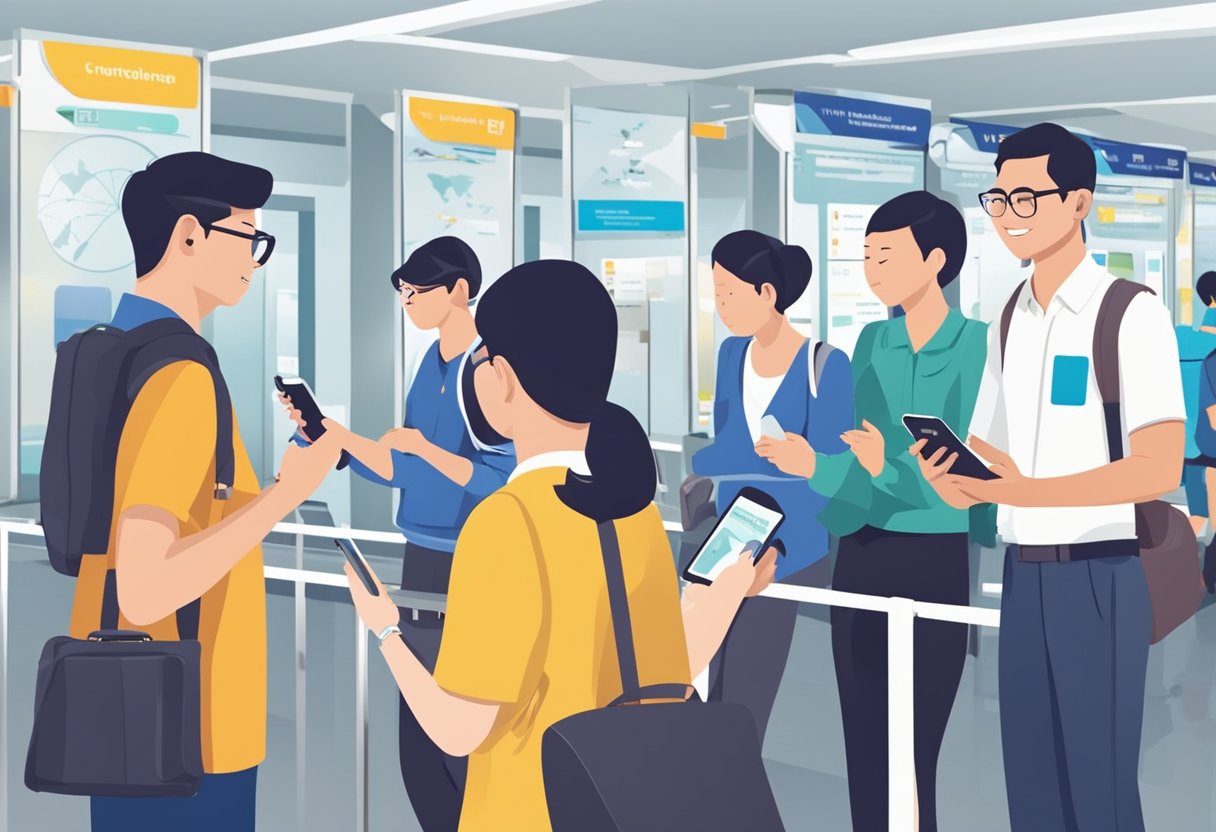 Passengers at Singapore airport receiving VTL information from staff. Signs and brochures about VTL displayed. Excited travelers checking their phones for updates