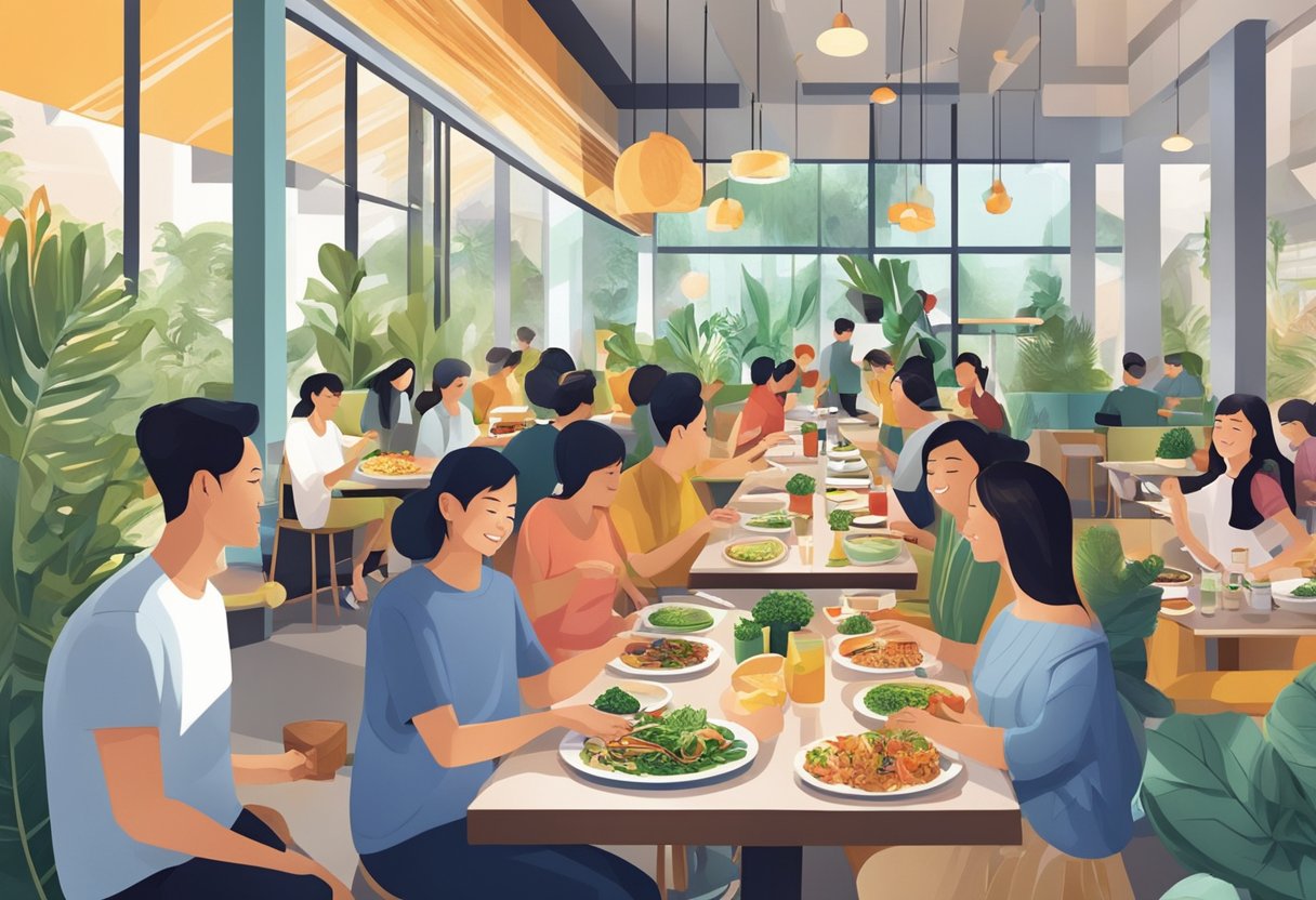 Customers enjoying a variety of vegan dishes at a modern and vibrant Singaporean restaurant