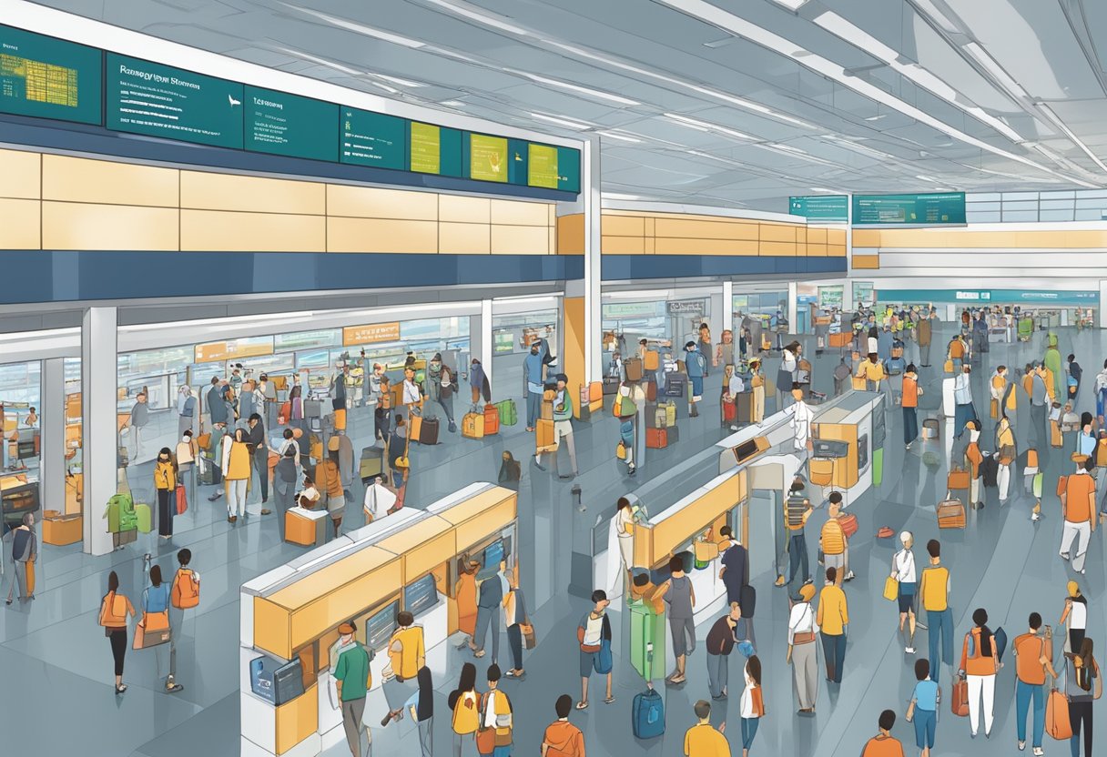 A bustling airport terminal with travelers lining up at VTL information counters and signs displaying "Frequently Asked Questions Singapore VTL."